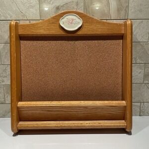 Pfaltzgraff Tea Rose Oak Wood Cork Board Mail Organizer Wall Message Center USA